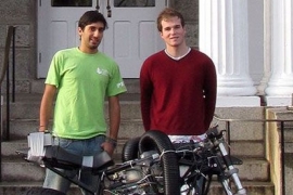 Andres Pacheco ’09 and Alex Bell ’09 with the hydrogen-powered motorcycle they built.